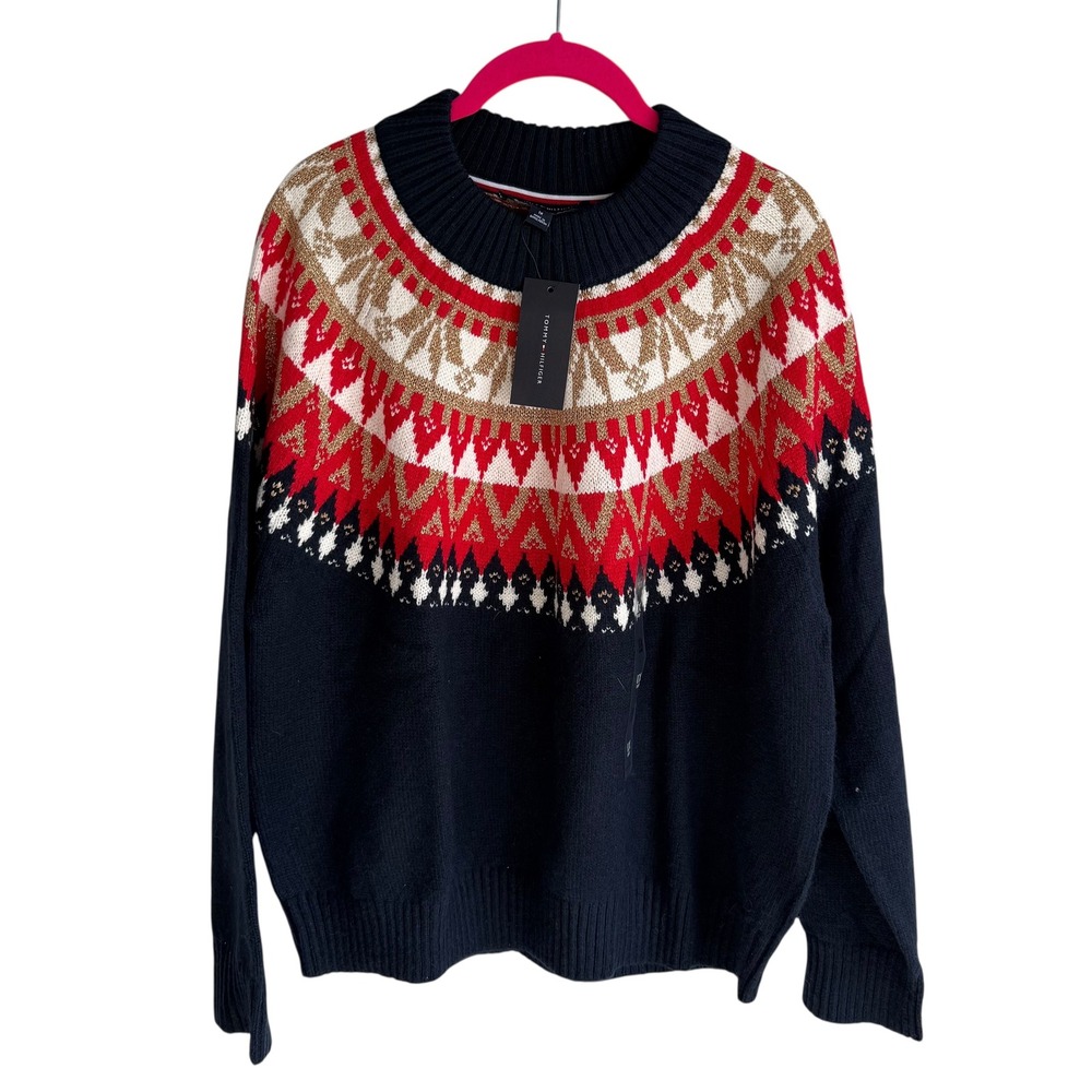 NWT TOMMY HILFIGER Navy and‎ Red Half Snowflake Raglan Ladies Sweater, 1X